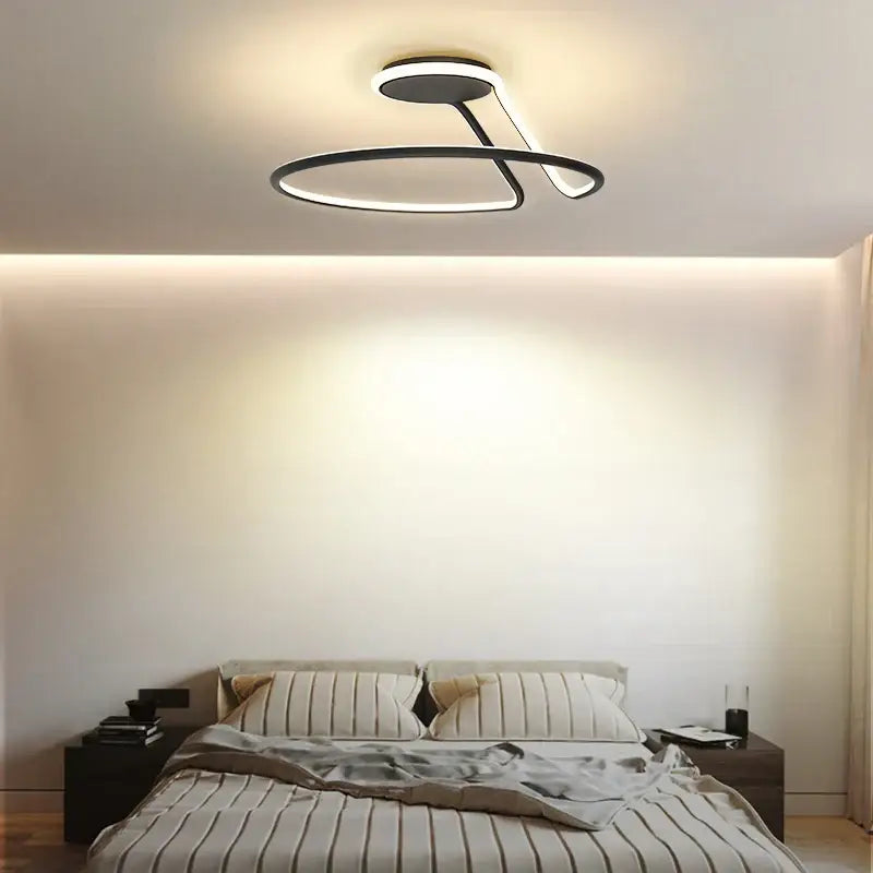Modern black aluminum led chandelier with two interlocking rings and integrated fixture for minimalist bedroom lighting