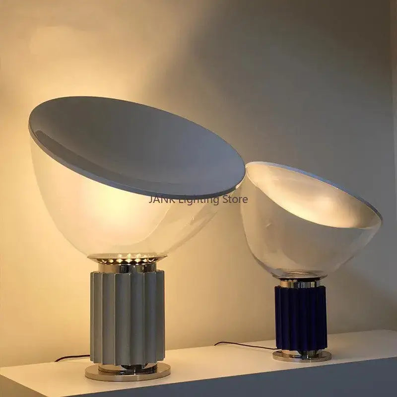 Modern aluminum led desk lamp with sleek translucent glass dome and metallic base in silver and deep blue decorbites