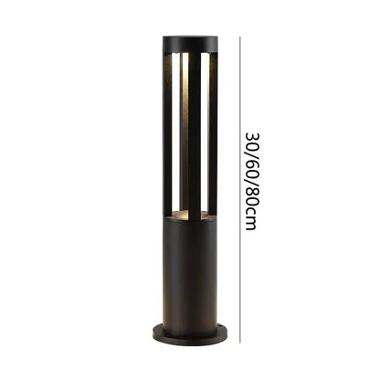 DecorBites aluminum led garden light black cylindrical landscape lamp with vertical slats and warm led illumination