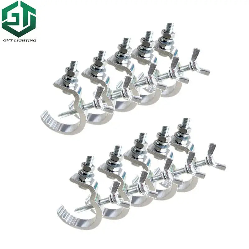 Silver metallic aluminum led par hooks with threaded rods and wing nuts for securing stage lighting fixtures