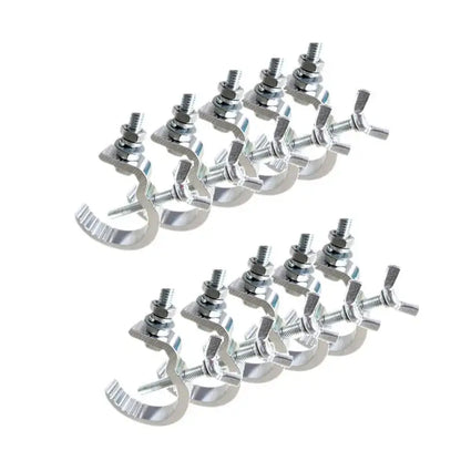 Silver aluminum scaffold clamps with threaded bolts and wing nuts for DecorBites™ led par hooks set of 10