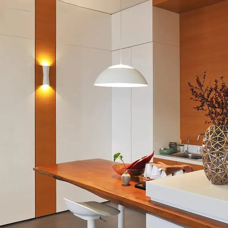 White dome-shaped decorbites aluminum pendant lamp hanging from ceiling for dining room or kitchen island lighting
