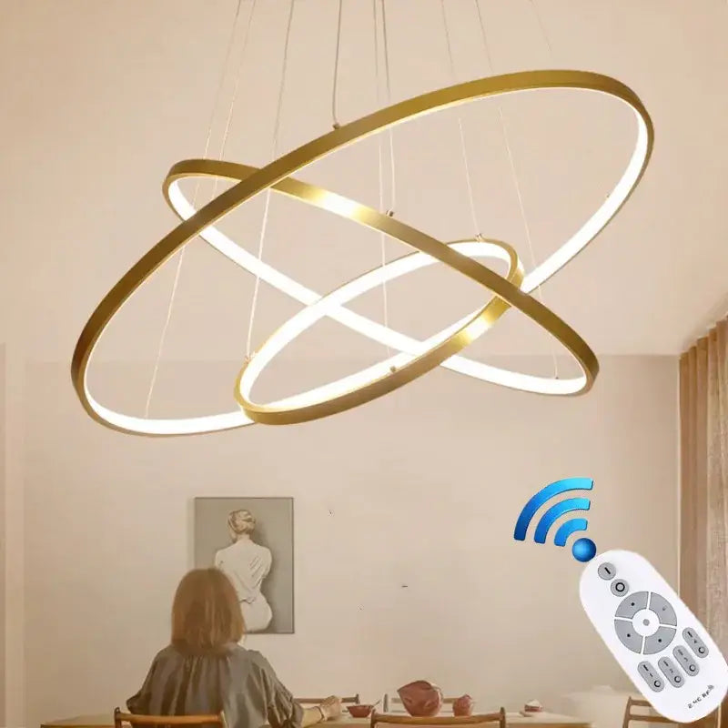 Gold finished decorbites aluminum ring chandelier with three interlocking circles modern led ceiling light fixture