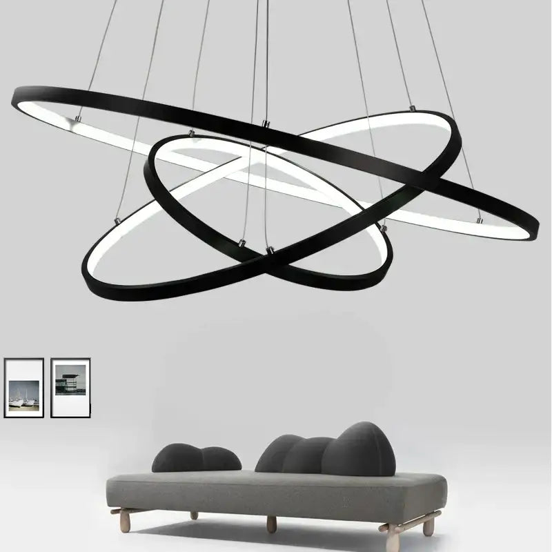 Modern black decorbites aluminum ring chandelier led ceiling light fixture with intersecting rings and illuminated edges