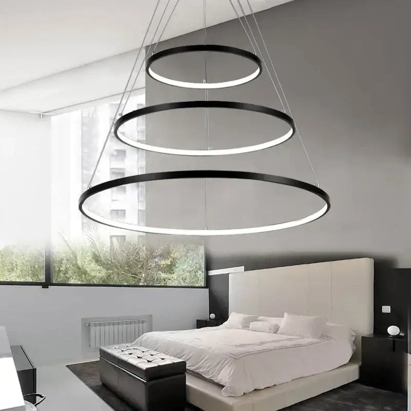 Black circular decorbites aluminum ring chandelier with three concentric led ceiling rings for kitchen and living room