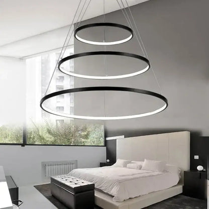 Black circular decorbites aluminum ring chandelier with three concentric led ceiling rings for kitchen and living room