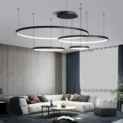 Modern black DecorBites™ aluminum rings LED pendant light with sleek minimalist design for living bedroom dining room
