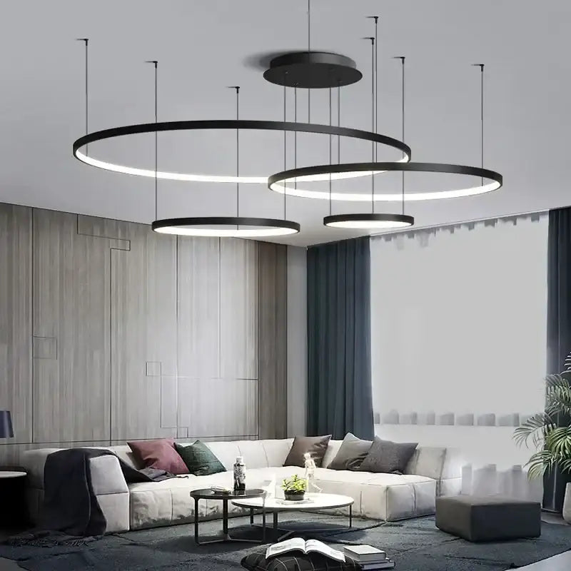 Modern black DecorBites™ aluminum rings LED pendant light with sleek minimalist design for living bedroom dining room