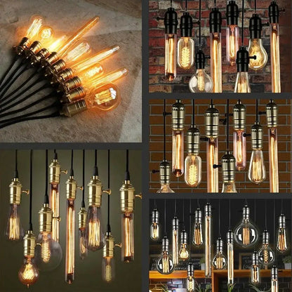 Vintage-style edison pendant lights with aluminum shell e27 screw bulb holder and brass black metal fixtures glowing warmly