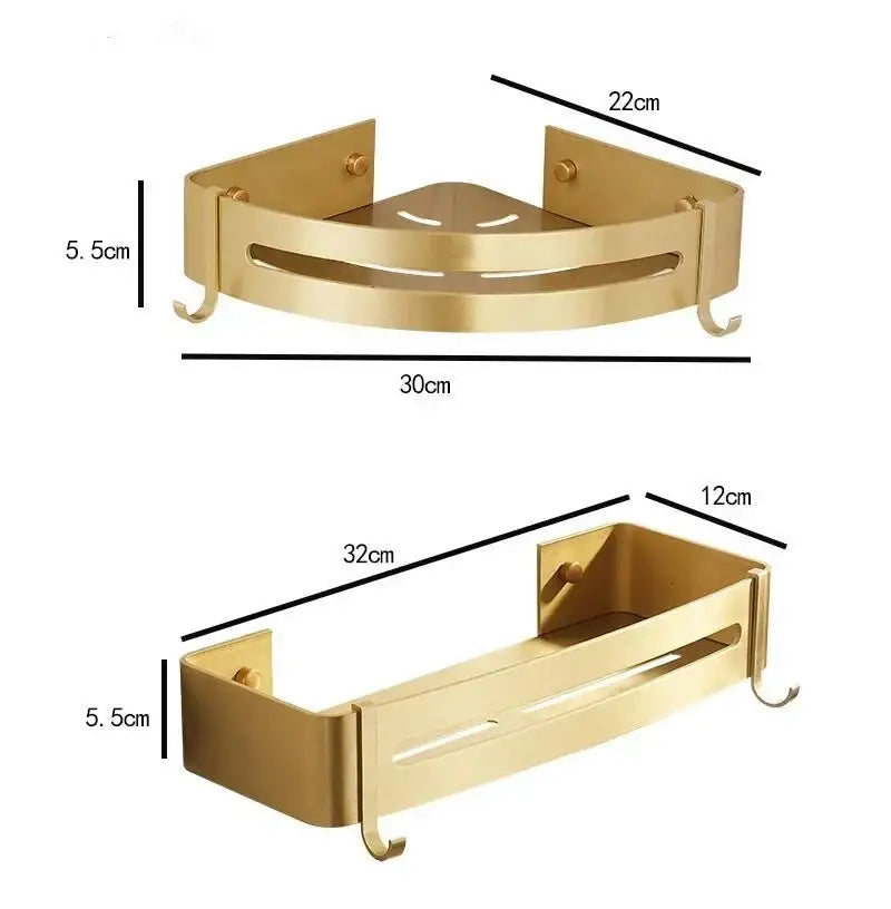 Gold-colored decorbites aluminum shower shelf brackets with integrated hooks for corner wall mounted bathroom shelf