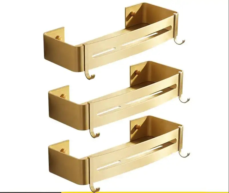 Decorbites aluminum shower shelf in brushed gold metal with sleek modern design and hooks for bathroom corner use