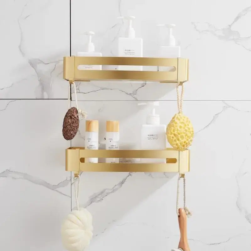 Gold-colored decorbites aluminum shower shelf with two tiers hooks slots for soap dispensers bottles and bath accessories