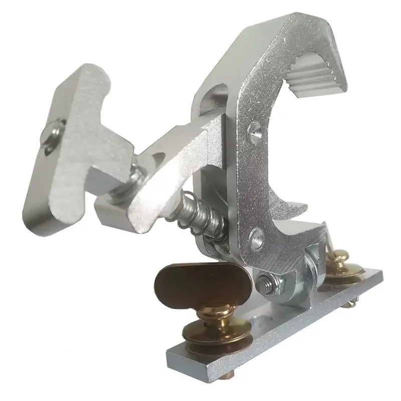 Silver aluminum stage lamp hook with spring-loaded clamp and brass adjustment knobs for 230W mobile head beam lamps