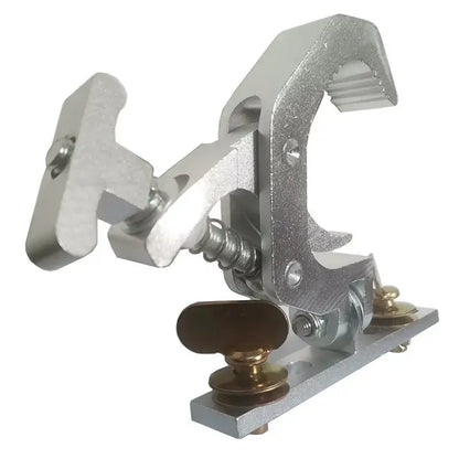 Silver aluminum stage lamp hook with spring-loaded clamp and brass adjustment knobs for 230W mobile head beam lamps