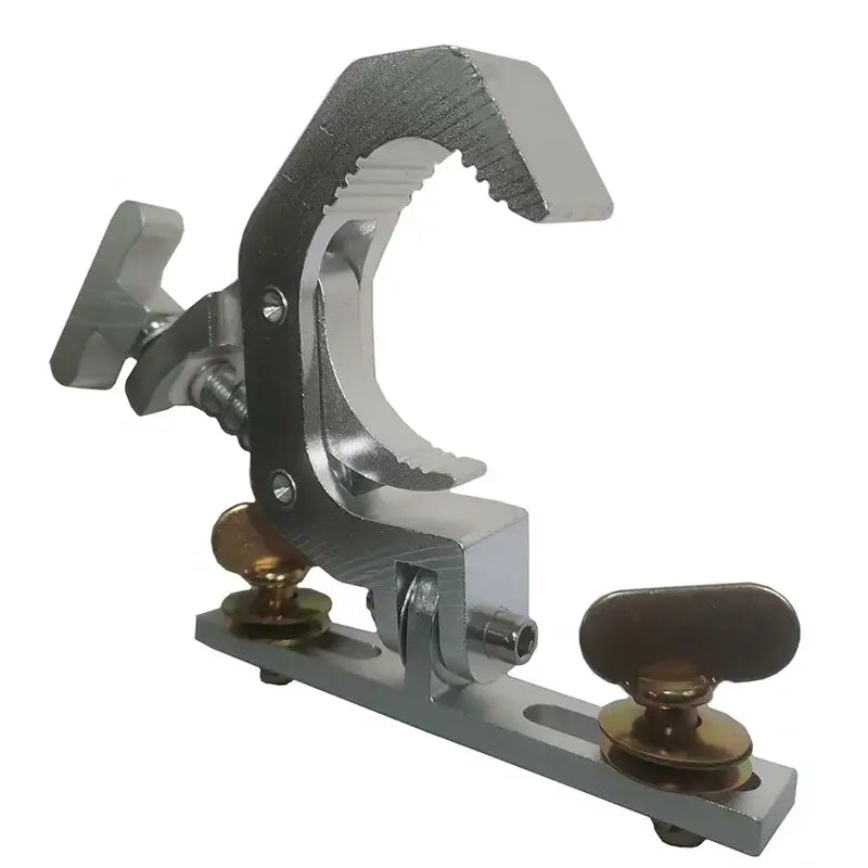 Decorbites™ aluminum stage lamp hook with silver metal c-clamp, textured grip, and brass adjustment knobs for stage lamps