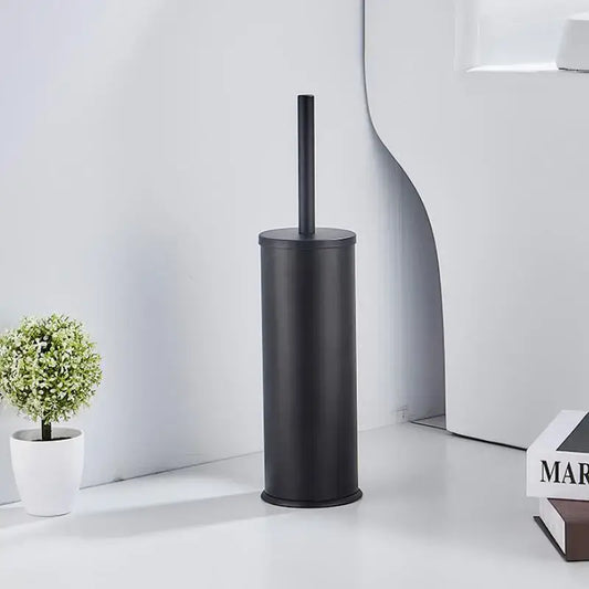 Black matte-finished aluminum toilet brush holder with matching handle from DecorBites™ brush holder set in brushed gold black