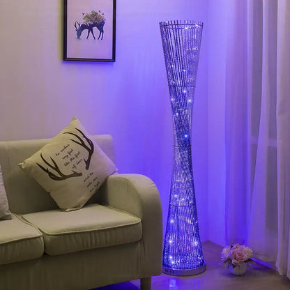 DecorBites™ aluminum tower floor lamp with woven wireframe and blue LED lights for modern living room decor