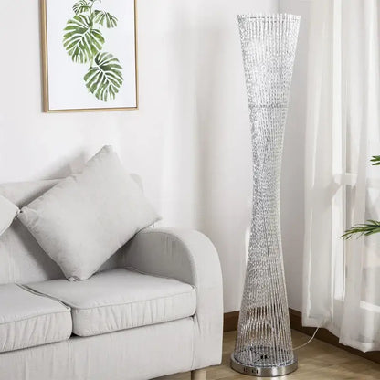 Silver beaded DecorBites™ aluminum tower floor lamp with tall slender design and metallic base for living room decor