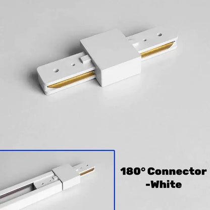 White 180-degree aluminum track rail connector with gold internal rails for decorbites track lighting system