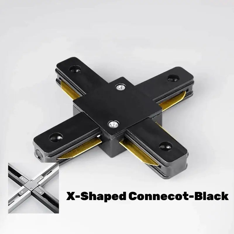 Black x-shaped aluminum track rail lighting connector with gold contacts and silver screws for decorbites track lighting system