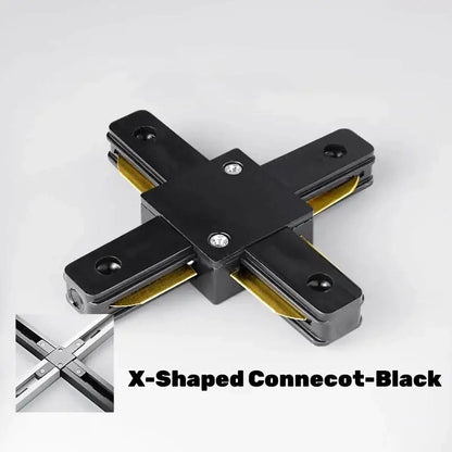 Black x-shaped aluminum track rail lighting connector with gold contacts and silver screws for decorbites track lighting system