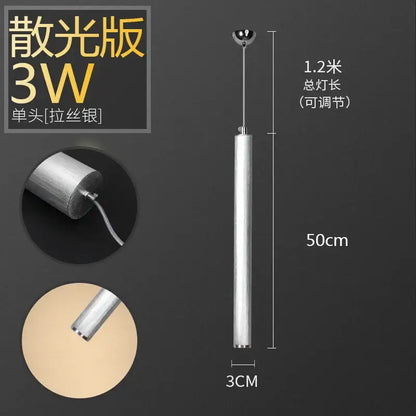 A decorbites pendant light with a sleek cylindrical aluminum design, brushed silver finish, and adjustable length for dining room