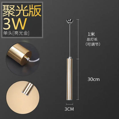 A sleek 3w gold-finished decorbites pendant light with aluminum cylindrical body and adjustable length for dining room