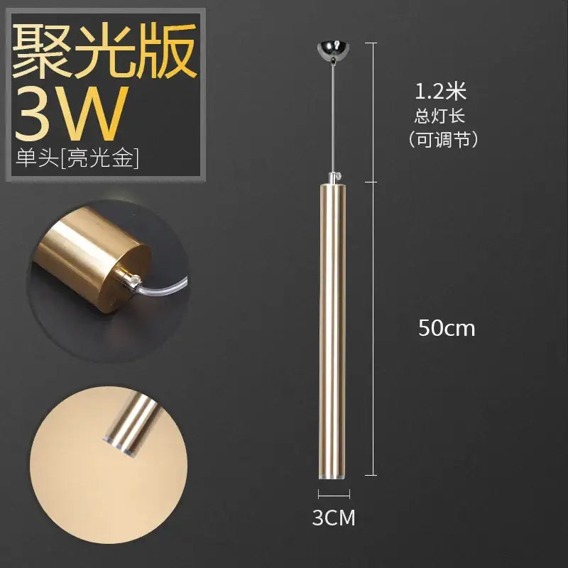 A decorbites pendant light featuring a sleek 3w single-head polished gold aluminum tube for dining room and kitchen decor