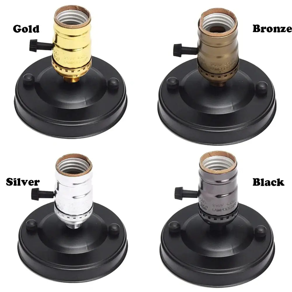 Set of four decorbites aluminum vintage e27 socket holders with black bases and metallic retro finishes mounted on wall