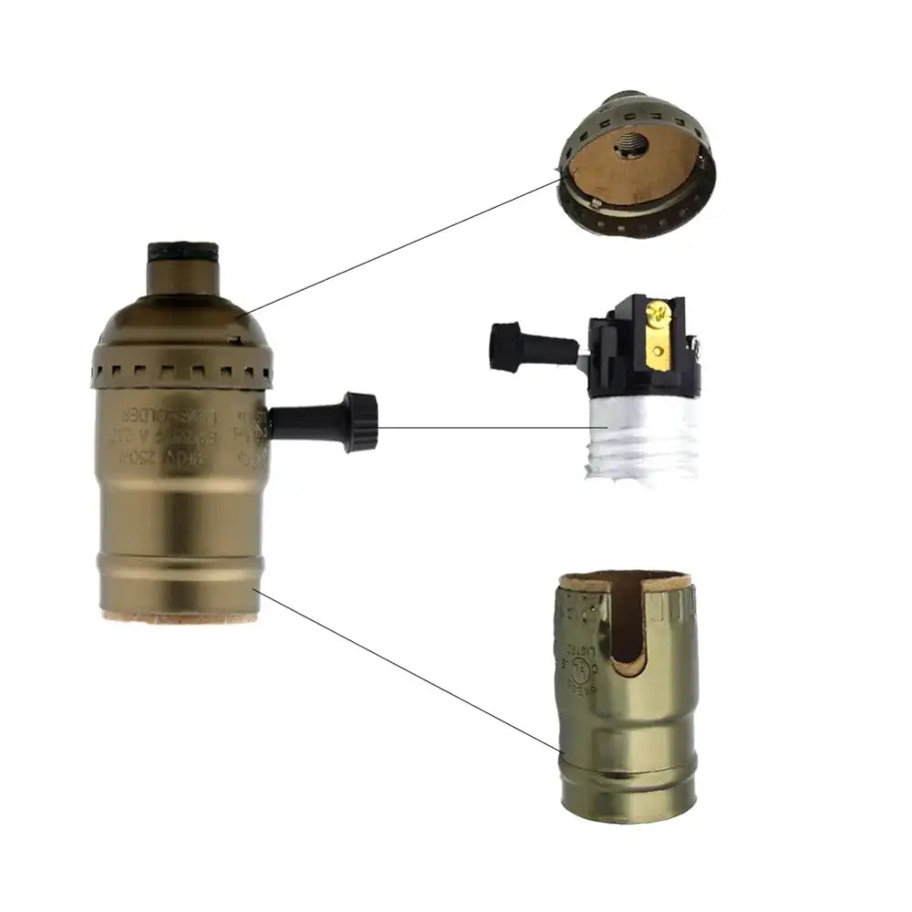Antique brass-colored decorbites aluminum vintage retro e27 socket holder with black plastic switch and metallic components