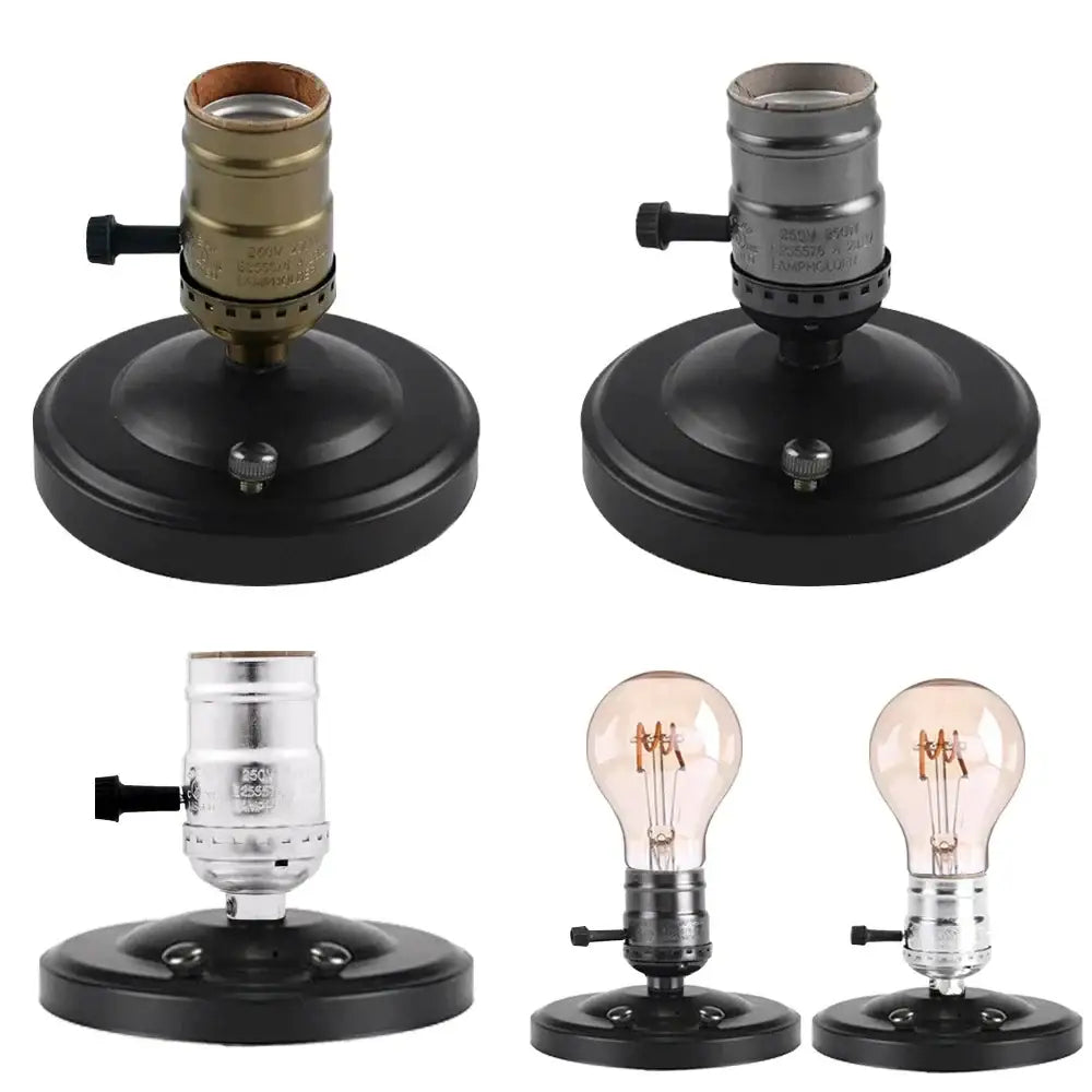 Set of four decorbites aluminum vintage retro e27 socket holders with black metal bases and brass and chrome fittings