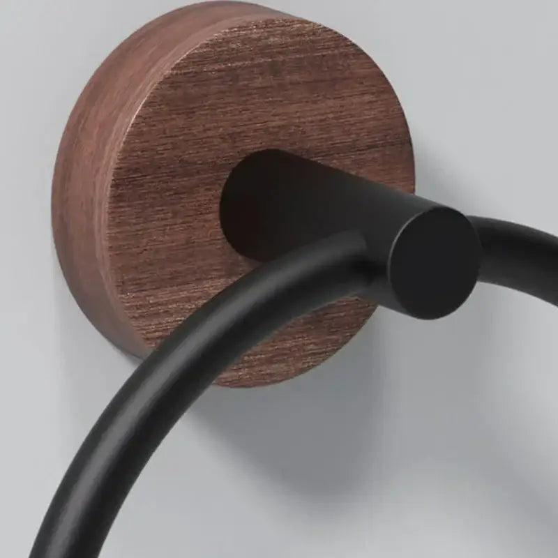 Black matte aluminum towel ring with circular walnut wood backplate for bathroom and kitchen wall mount