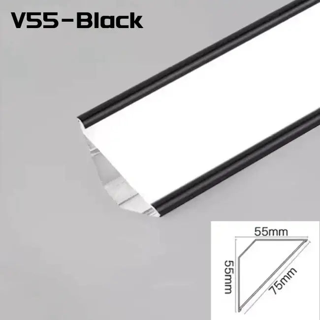 Black v55 led strip lights with aluminum profile in sleek modern design measuring 75mm by 55mm for corner beam lighting