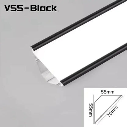 Black v55 led strip lights with aluminum profile in sleek modern design measuring 75mm by 55mm for corner beam lighting