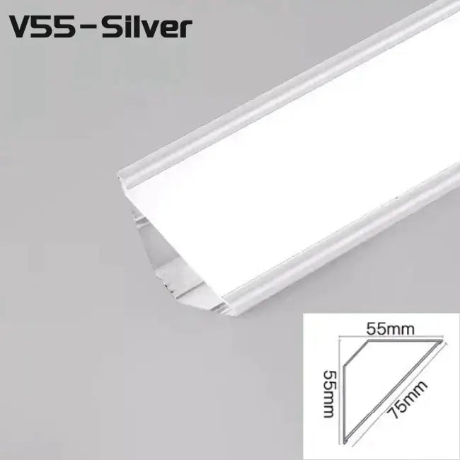 Silver v55 led strip lights with aluminum profile and sleek rectangular design measuring 55mm by 75mm by decorbites