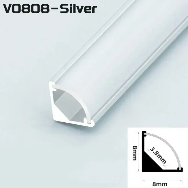 Silver vo808 led strip lights with aluminum profile and 3.8mm inner corner radius for seamless decorbites installation