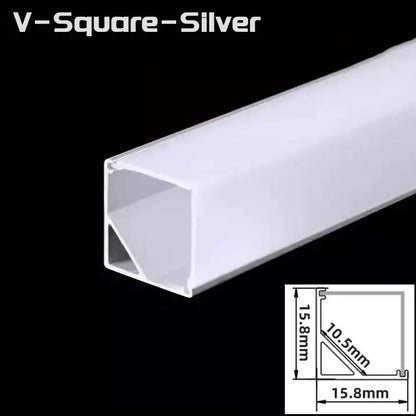 Silver v-square led strip lights in aluminum profile with 15.8mm sleek rectangular design for modern corner beam lighting
