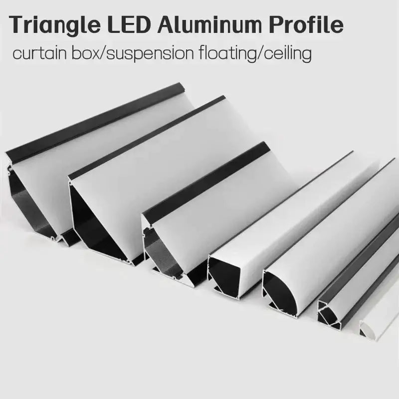 Silver triangle-shaped aluminum profile with black trim for curtain boxes or ceiling suspensions led strip lights