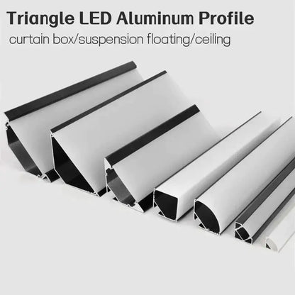 Silver triangle-shaped aluminum profile with black trim for curtain boxes or ceiling suspensions led strip lights