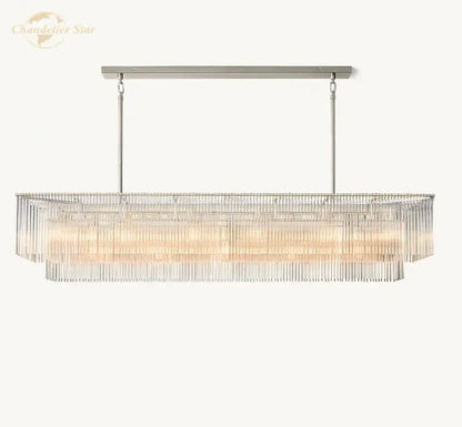 Modern rectangular amadeo crystal led chandelier with brushed nickel frame and clear faceted glass rods for dining room