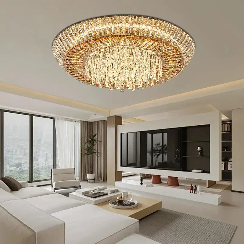 Decorbites amber crystal ceiling chandelier with golden circular layered design and cascading hanging crystals