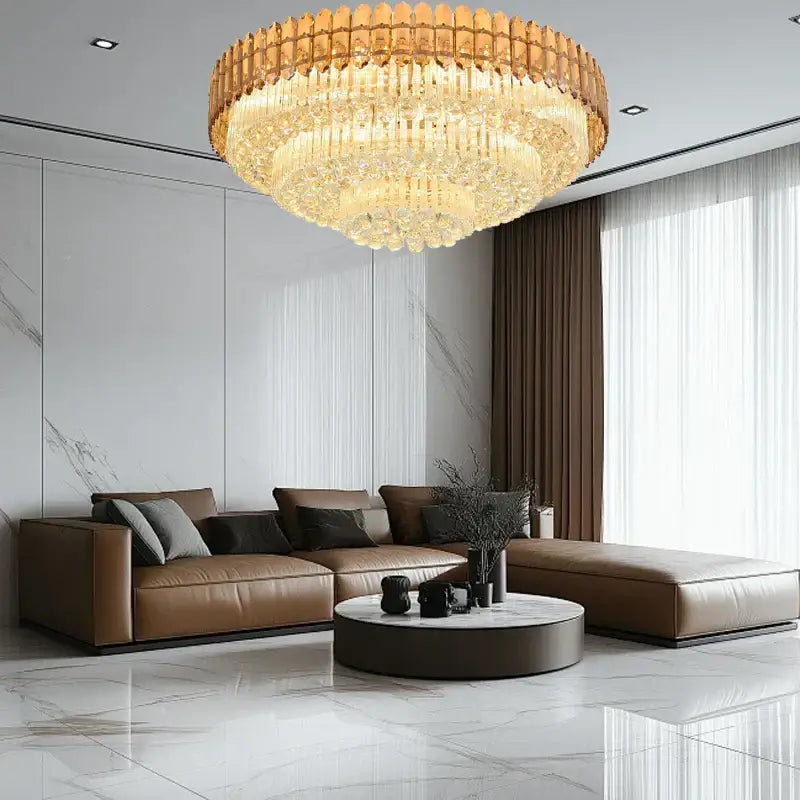 Decorbites amber crystal ceiling lights with golden tiered cascading design for modern luxury living room and villa