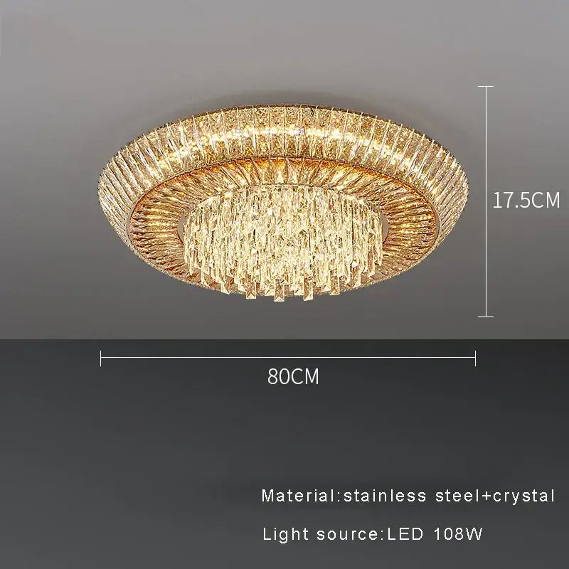 Decorbites amber crystal led ceiling light with gold-toned circular frame and layered crystal strands for luxury decor