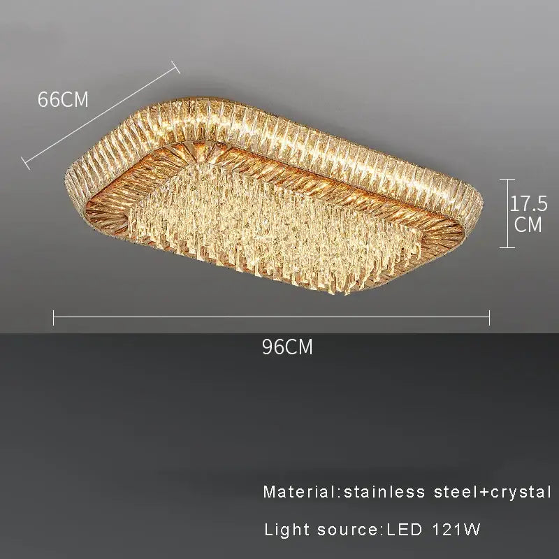 Gold-toned rectangular ceiling light fixture with amber crystal led cascading design and stainless steel frame for luxury decor