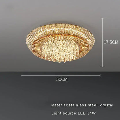 DecorBites amber crystal LED ceiling light with golden stainless steel frame and cascading crystal elements for luxury decor