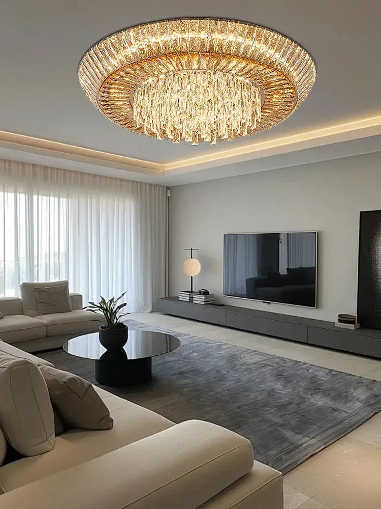 Decorbites™ amber crystal led ceiling light with golden frame and cascading crystal strands for luxurious decor