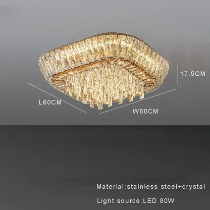 Decorbites™ amber crystal led ceiling light with gold-toned rectangular frame and cascading clear amber crystals