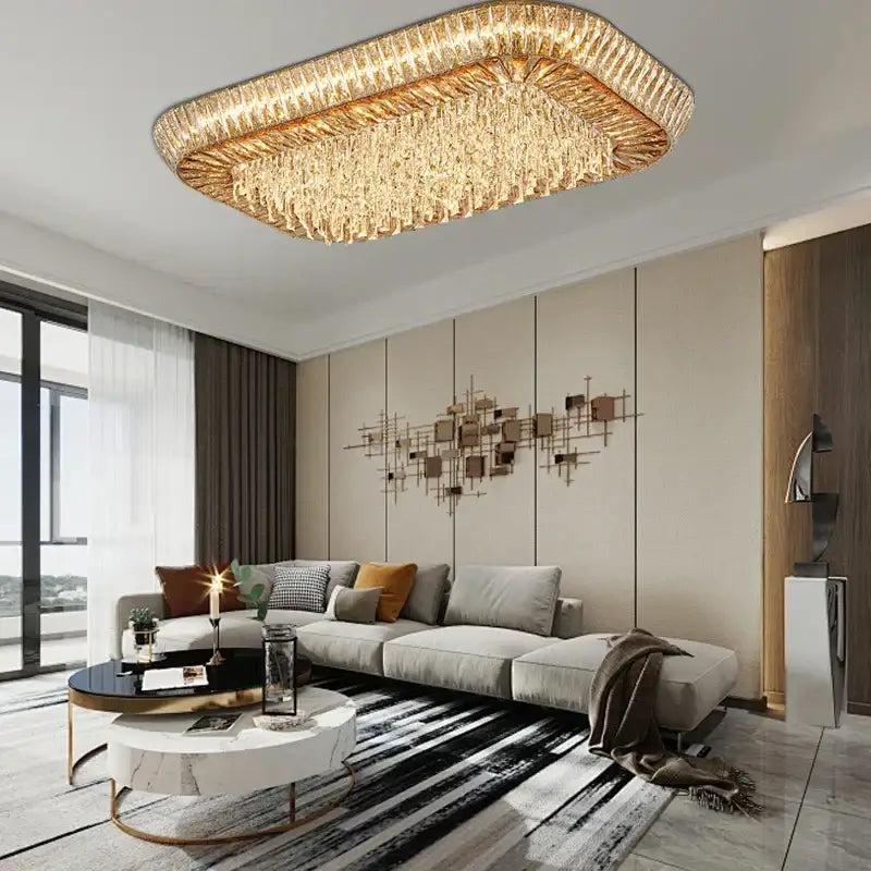 Rectangular DecorBites™ amber crystal led ceiling light with golden frame and cascading clear crystals for luxury decor