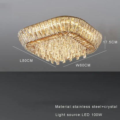 Rectangular decorbites™ amber crystal led ceiling light with stainless steel frame and cascading clear crystals illuminated by led