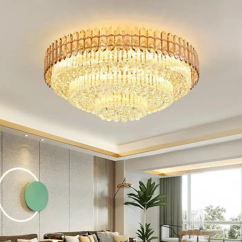 DecorBites™ amber crystal round chandelier with gold-toned cascading faceted crystals for modern living room lighting